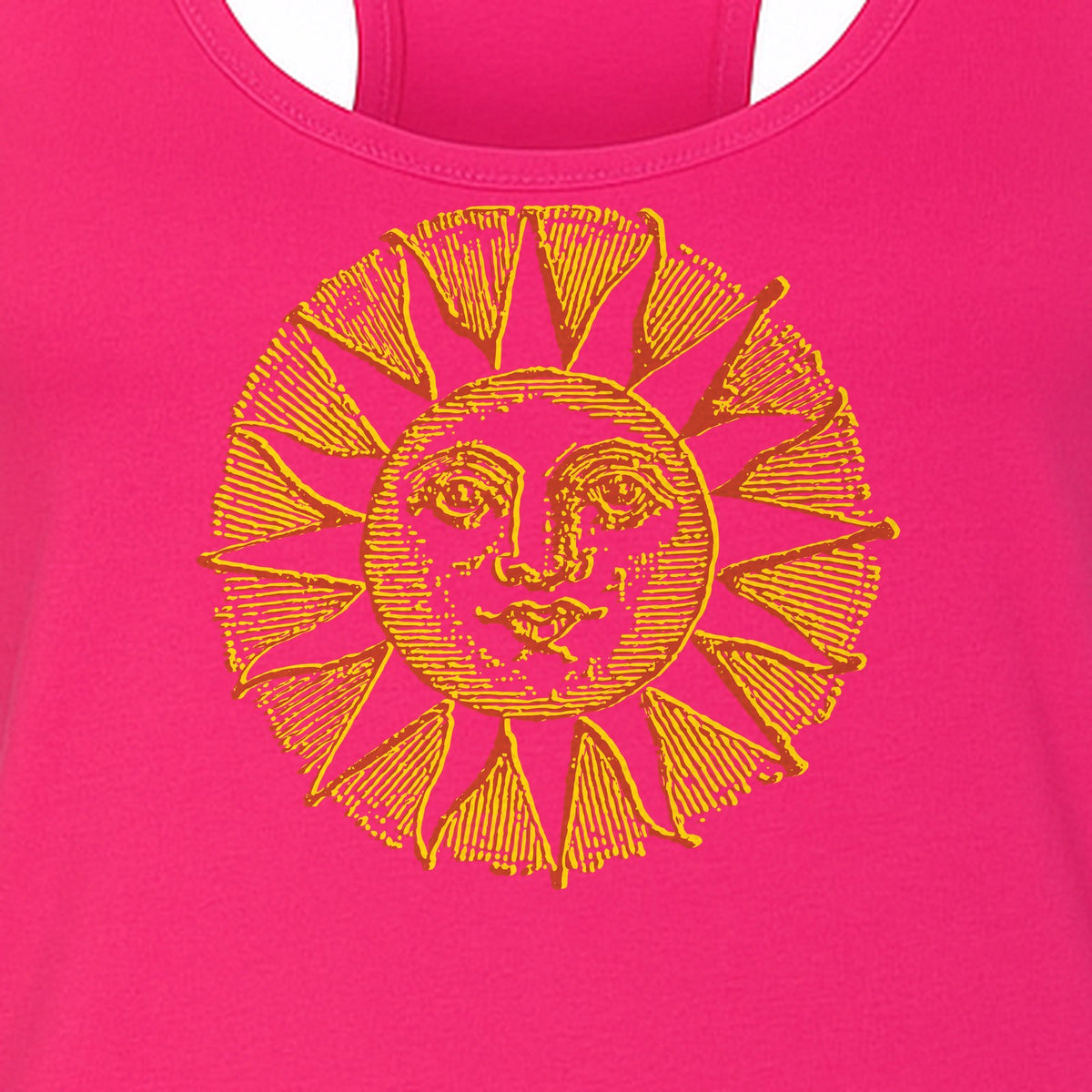 Boho Vintage Sun Face Women's Racerback Tank Top, Celestial Graphic for Summer, Beach and Workout Days