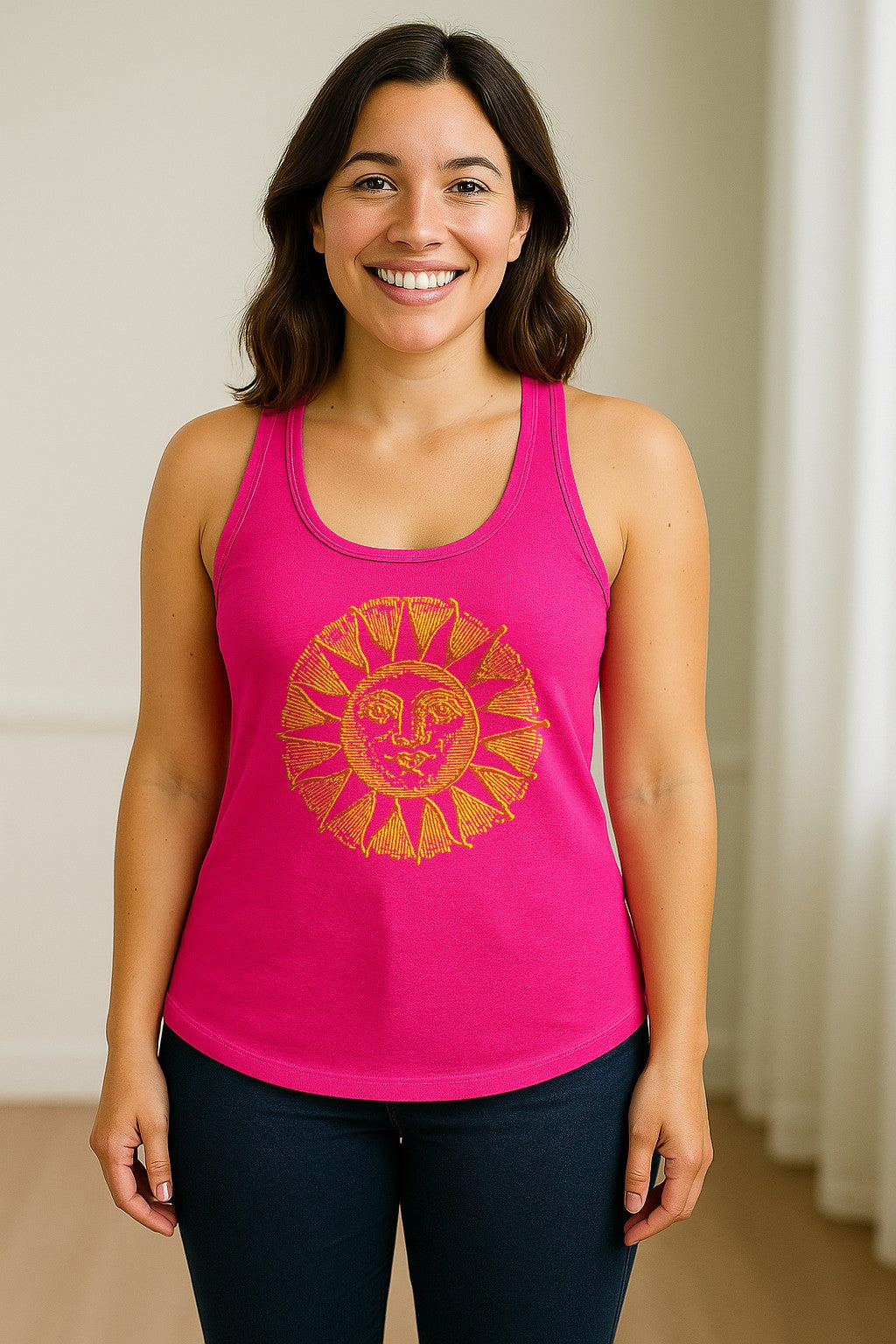 Boho Vintage Sun Face Women's Racerback Tank Top, Celestial Graphic for Summer, Beach and Workout Days