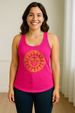 Boho Vintage Sun Face Women's Racerback Tank Top, Celestial Graphic for Summer, Beach and Workout Days