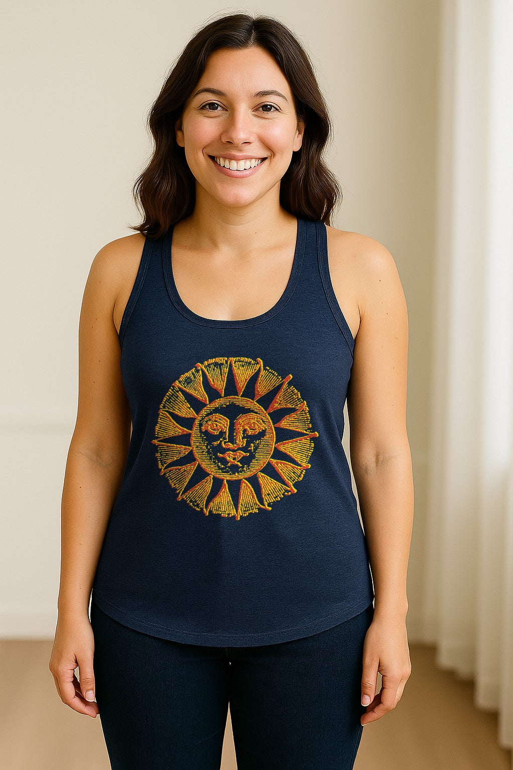 Boho Vintage Sun Face Women's Racerback Tank Top, Celestial Graphic for Summer, Beach and Workout Days
