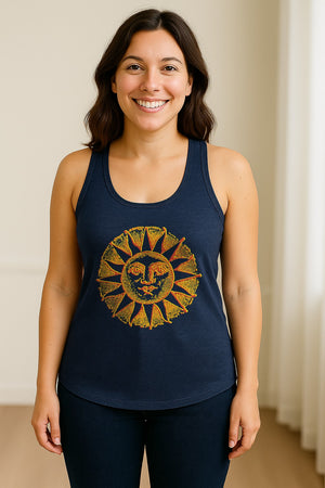 Boho Vintage Sun Face Women's Racerback Tank Top, Celestial Graphic for Summer, Beach and Workout Days