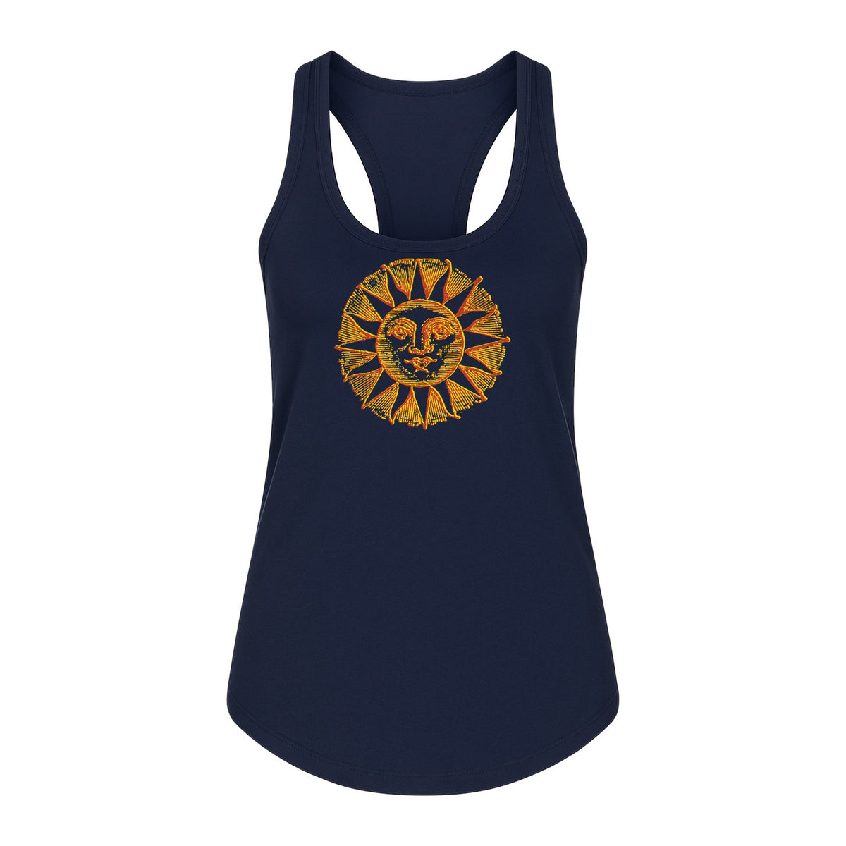 Boho Vintage Sun Face Women's Racerback Tank Top, Celestial Graphic for Summer, Beach and Workout Days