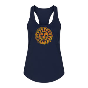 Boho Vintage Sun Face Women's Racerback Tank Top, Celestial Graphic for Summer, Beach and Workout Days