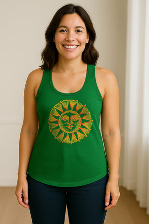 Boho Vintage Sun Face Women's Racerback Tank Top, Celestial Graphic for Summer, Beach and Workout Days