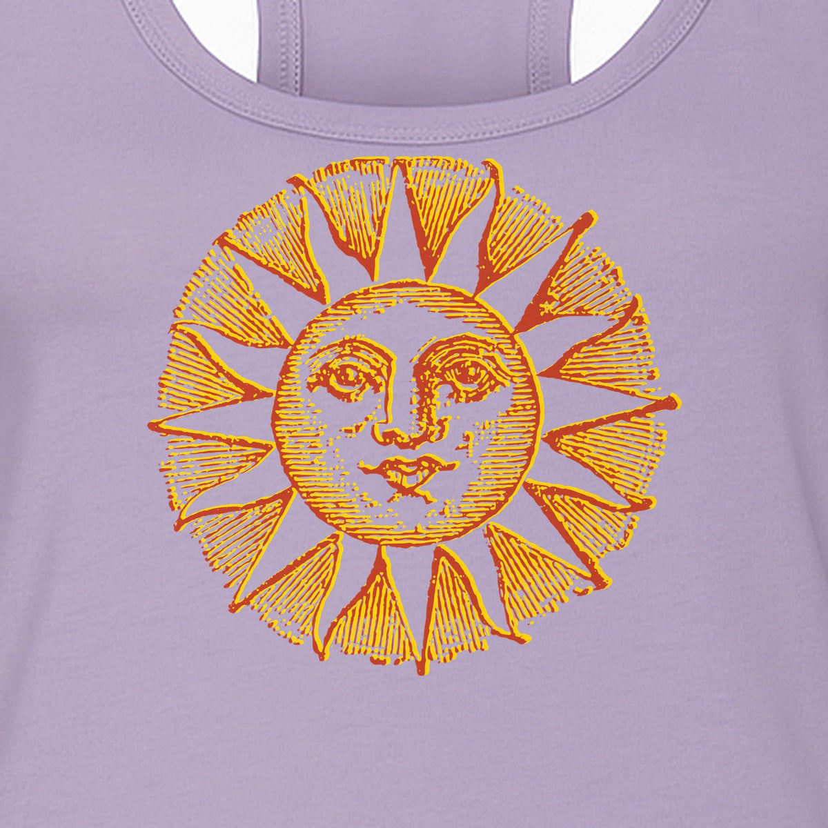 Boho Vintage Sun Face Women's Racerback Tank Top, Celestial Graphic for Summer, Beach and Workout Days