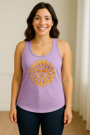 Boho Vintage Sun Face Women's Racerback Tank Top, Celestial Graphic for Summer, Beach and Workout Days