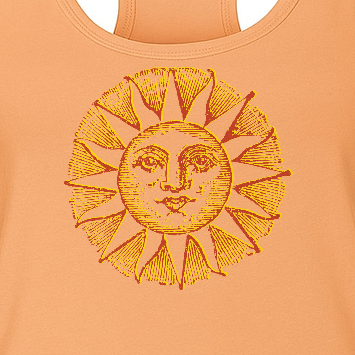 Boho Vintage Sun Face Women's Racerback Tank Top, Celestial Graphic for Summer, Beach and Workout Days
