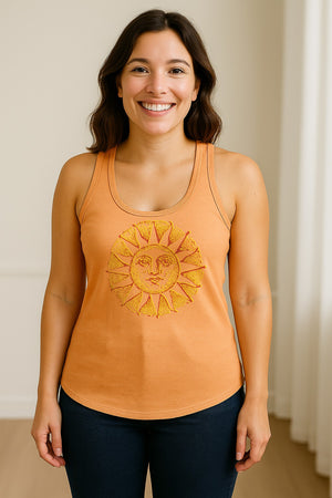 Boho Vintage Sun Face Women's Racerback Tank Top, Celestial Graphic for Summer, Beach and Workout Days