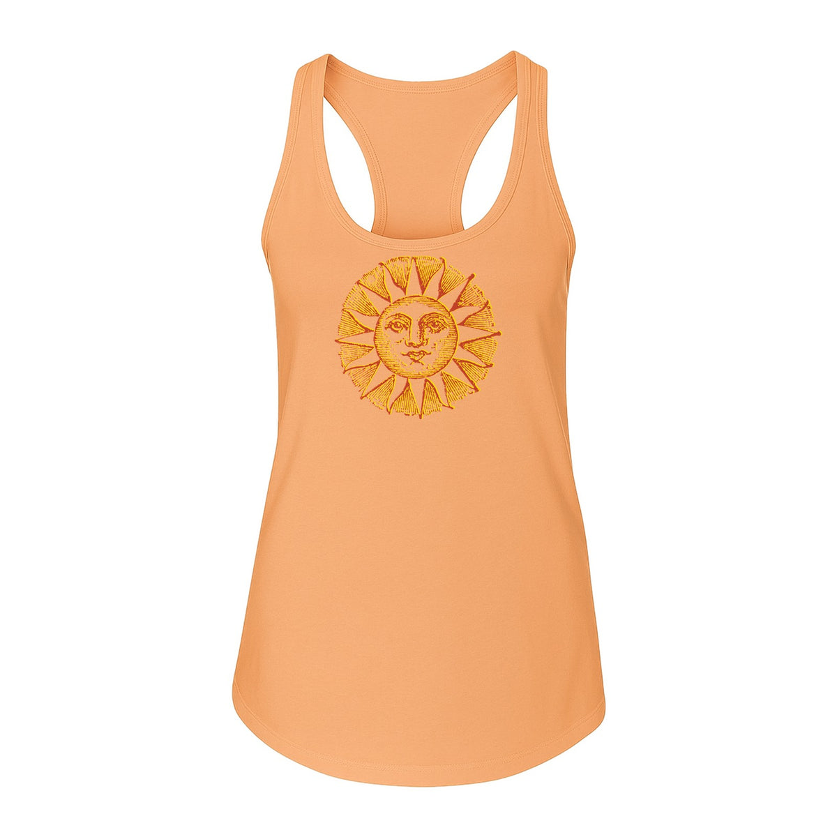 Boho Vintage Sun Face Women's Racerback Tank Top, Celestial Graphic for Summer, Beach and Workout Days