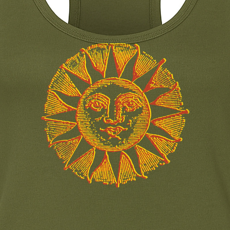 Boho Vintage Sun Face Women's Racerback Tank Top, Celestial Graphic for Summer, Beach and Workout Days