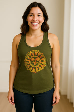 Boho Vintage Sun Face Women's Racerback Tank Top, Celestial Graphic for Summer, Beach and Workout Days