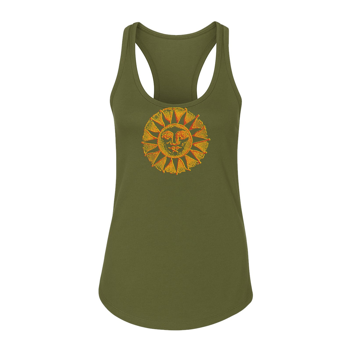 Boho Vintage Sun Face Women's Racerback Tank Top, Celestial Graphic for Summer, Beach and Workout Days
