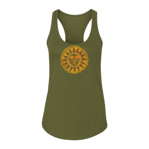 Boho Vintage Sun Face Women's Racerback Tank Top, Celestial Graphic for Summer, Beach and Workout Days