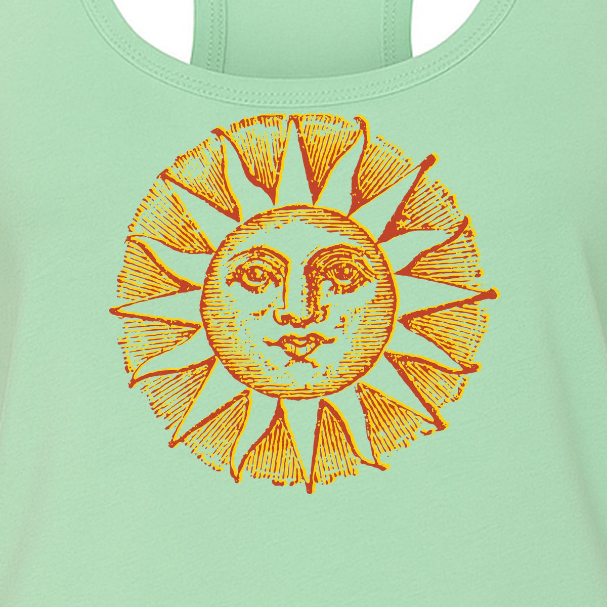 Boho Vintage Sun Face Women's Racerback Tank Top, Celestial Graphic for Summer, Beach and Workout Days
