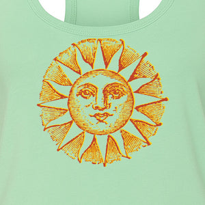 Boho Vintage Sun Face Women's Racerback Tank Top, Celestial Graphic for Summer, Beach and Workout Days