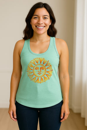 Boho Vintage Sun Face Women's Racerback Tank Top, Celestial Graphic for Summer, Beach and Workout Days
