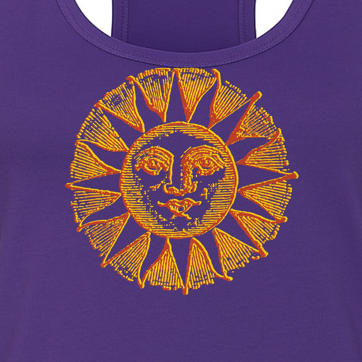 Boho Vintage Sun Face Women's Racerback Tank Top, Celestial Graphic for Summer, Beach and Workout Days