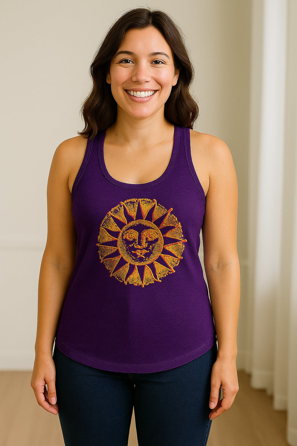 Boho Vintage Sun Face Women's Racerback Tank Top, Celestial Graphic for Summer, Beach and Workout Days