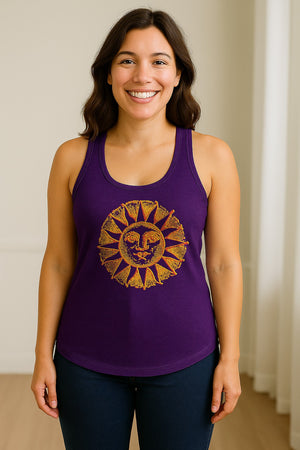 Boho Vintage Sun Face Women's Racerback Tank Top, Celestial Graphic for Summer, Beach and Workout Days