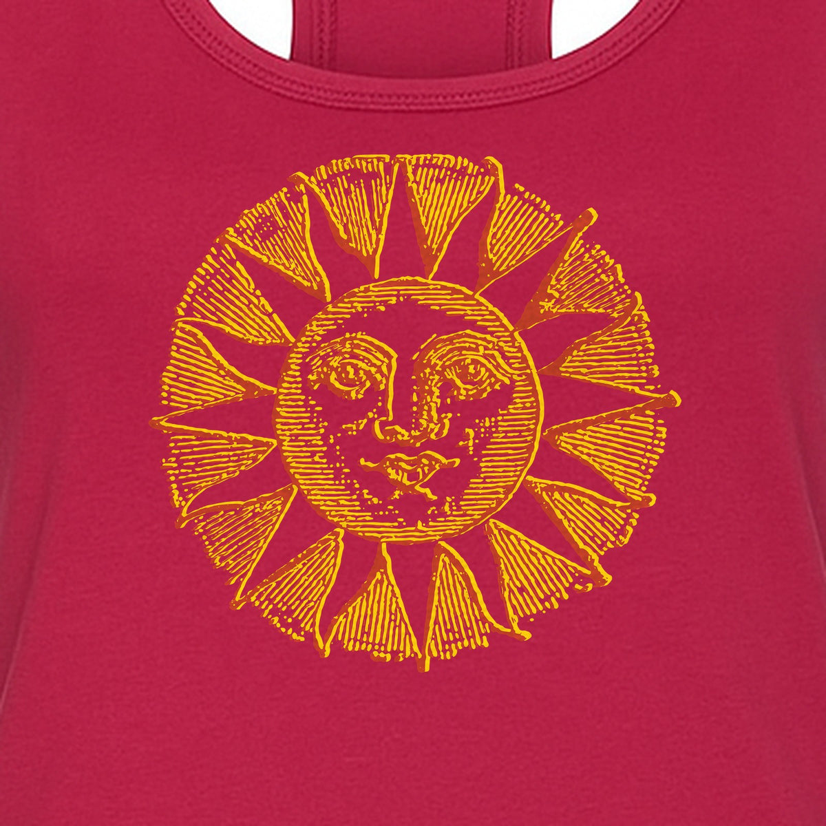 Boho Vintage Sun Face Women's Racerback Tank Top, Celestial Graphic for Summer, Beach and Workout Days