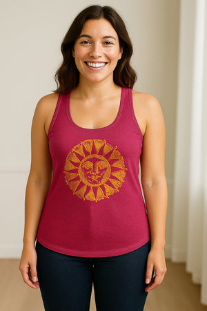 Boho Vintage Sun Face Women's Racerback Tank Top, Celestial Graphic for Summer, Beach and Workout Days