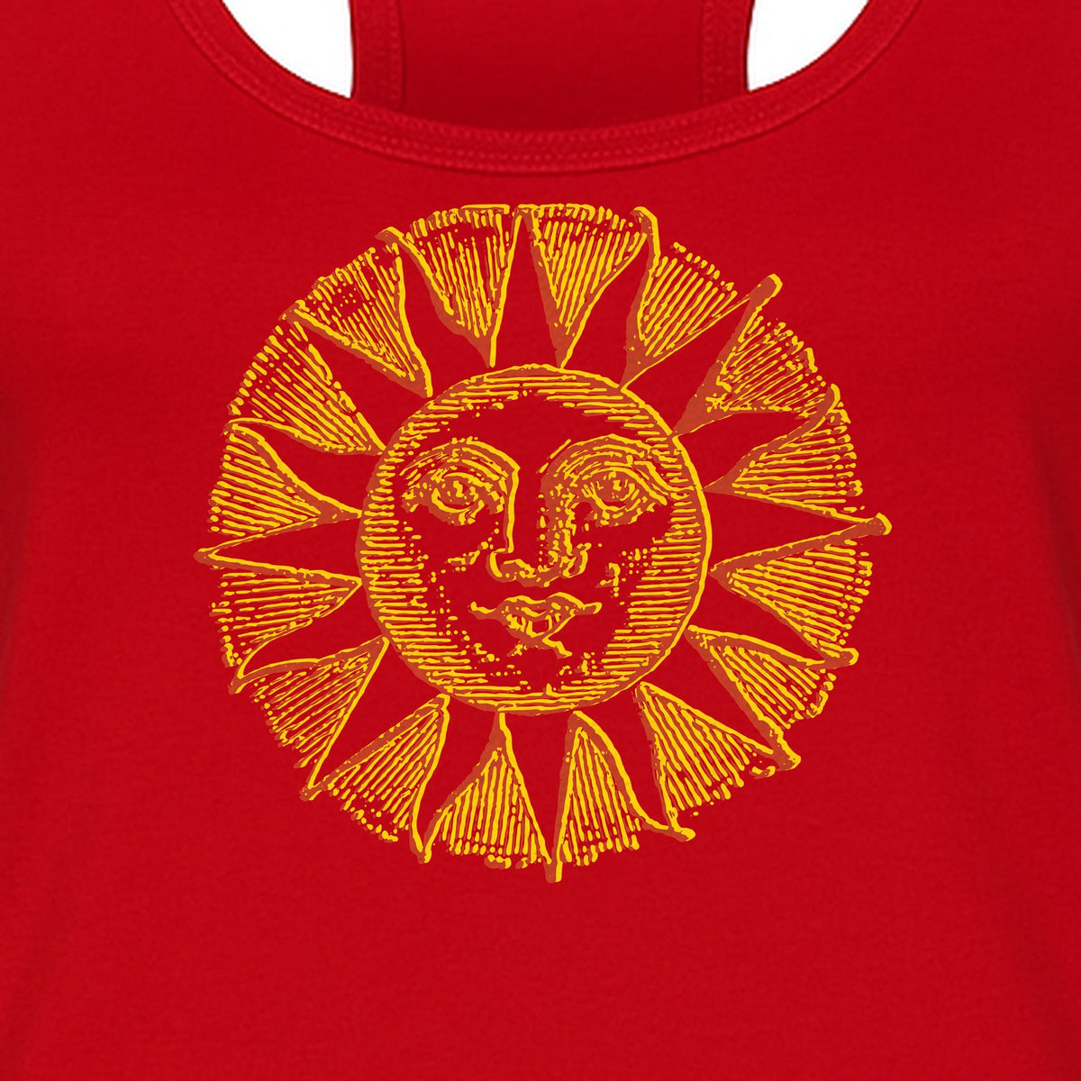 Boho Vintage Sun Face Women's Racerback Tank Top, Celestial Graphic for Summer, Beach and Workout Days