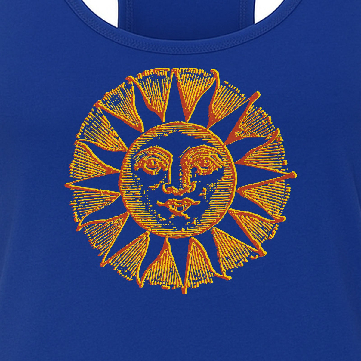 Boho Vintage Sun Face Women's Racerback Tank Top, Celestial Graphic for Summer, Beach and Workout Days