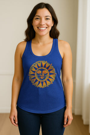 Boho Vintage Sun Face Women's Racerback Tank Top, Celestial Graphic for Summer, Beach and Workout Days