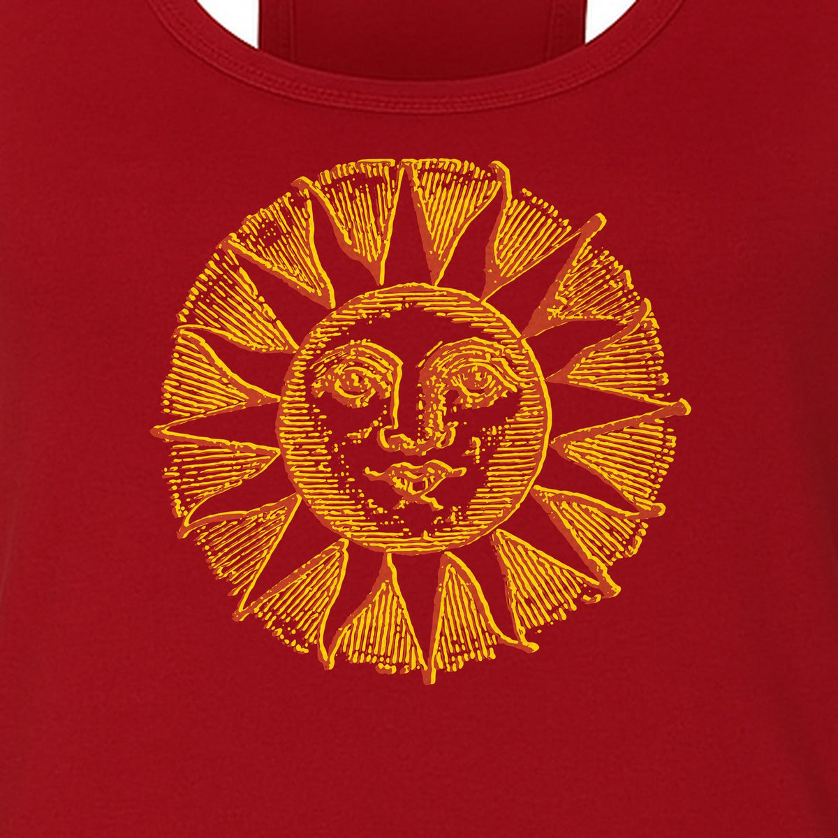 Boho Vintage Sun Face Women's Racerback Tank Top, Celestial Graphic for Summer, Beach and Workout Days