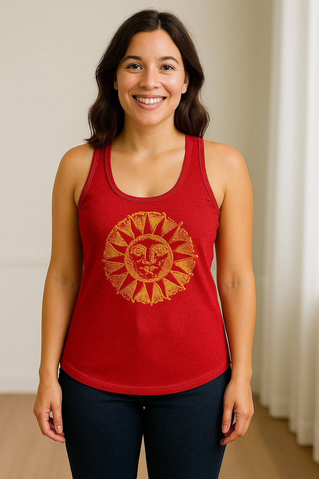 Boho Vintage Sun Face Women's Racerback Tank Top, Celestial Graphic for Summer, Beach and Workout Days