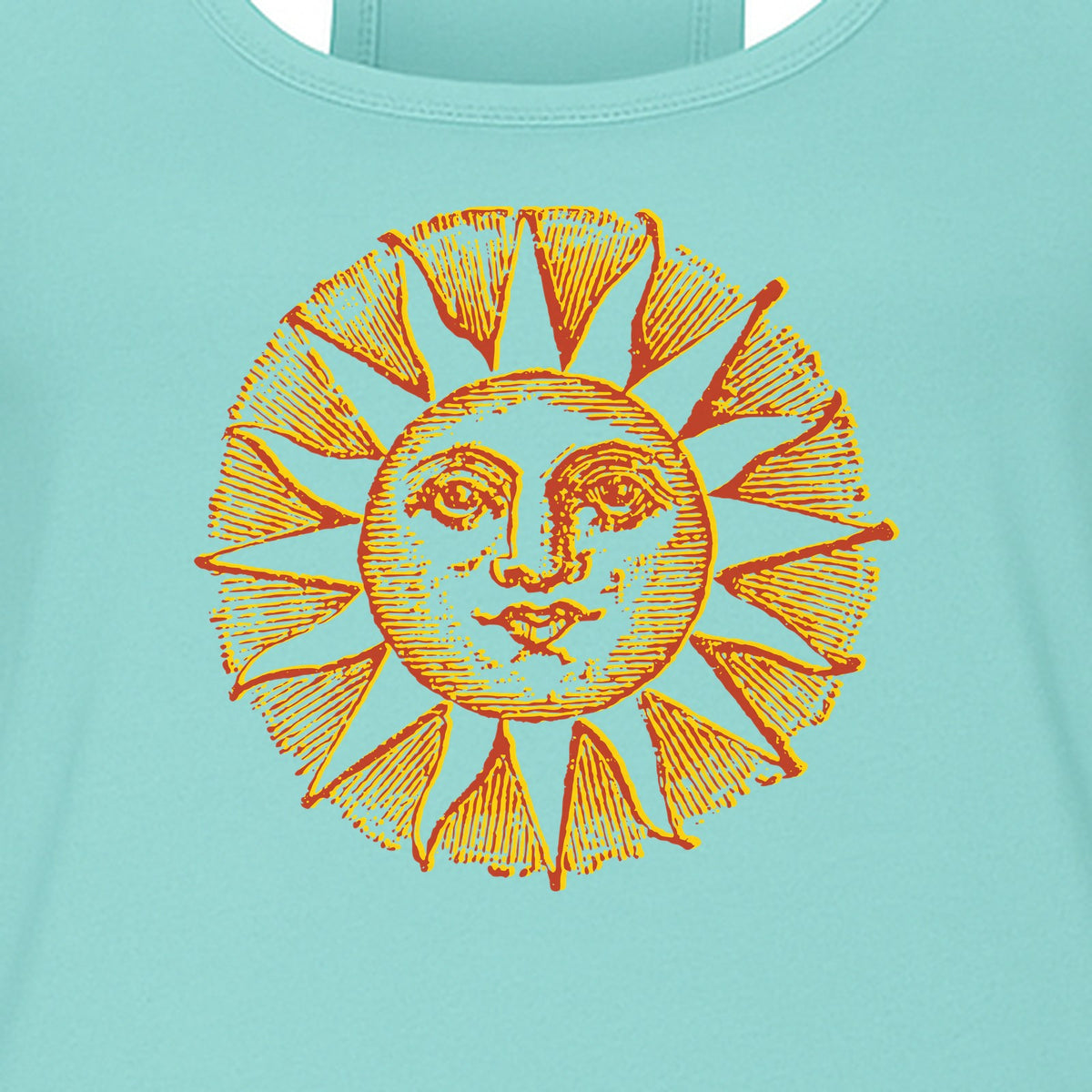 Boho Vintage Sun Face Women's Racerback Tank Top, Celestial Graphic for Summer, Beach and Workout Days