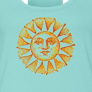 Boho Vintage Sun Face Women's Racerback Tank Top, Celestial Graphic for Summer, Beach and Workout Days