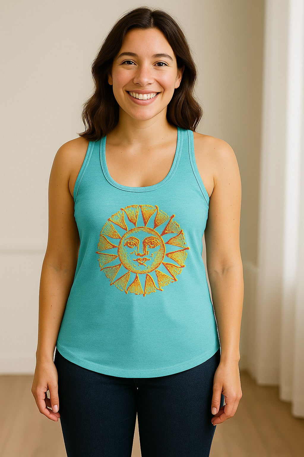 Boho Vintage Sun Face Women's Racerback Tank Top, Celestial Graphic for Summer, Beach and Workout Days