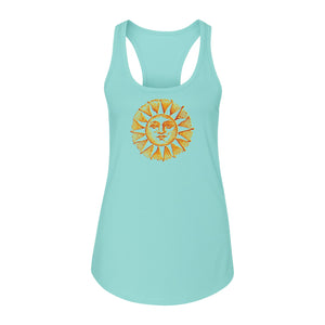 Boho Vintage Sun Face Women's Racerback Tank Top, Celestial Graphic for Summer, Beach and Workout Days