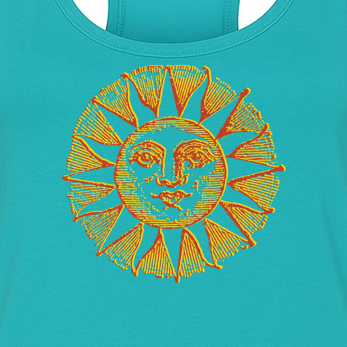 Boho Vintage Sun Face Women's Racerback Tank Top, Celestial Graphic for Summer, Beach and Workout Days