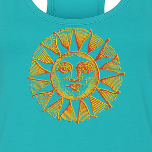 Boho Vintage Sun Face Women's Racerback Tank Top, Celestial Graphic for Summer, Beach and Workout Days