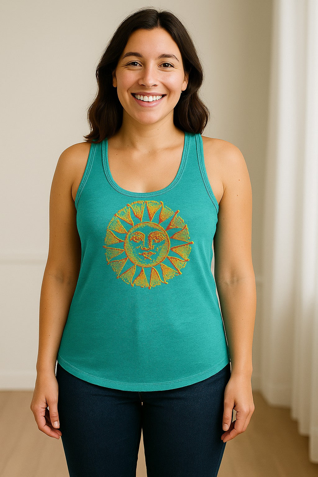 Boho Vintage Sun Face Women's Racerback Tank Top, Celestial Graphic for Summer, Beach and Workout Days