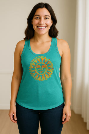 Boho Vintage Sun Face Women's Racerback Tank Top, Celestial Graphic for Summer, Beach and Workout Days
