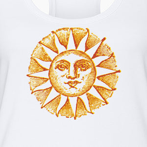 Boho Vintage Sun Face Women's Racerback Tank Top, Celestial Graphic for Summer, Beach and Workout Days