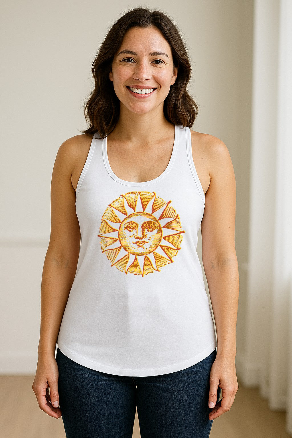Boho Vintage Sun Face Women's Racerback Tank Top, Celestial Graphic for Summer, Beach and Workout Days