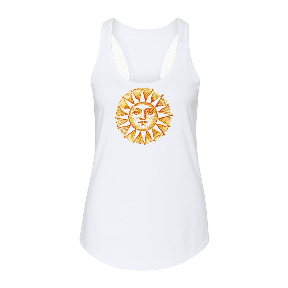Boho Vintage Sun Face Women's Racerback Tank Top, Celestial Graphic for Summer, Beach and Workout Days