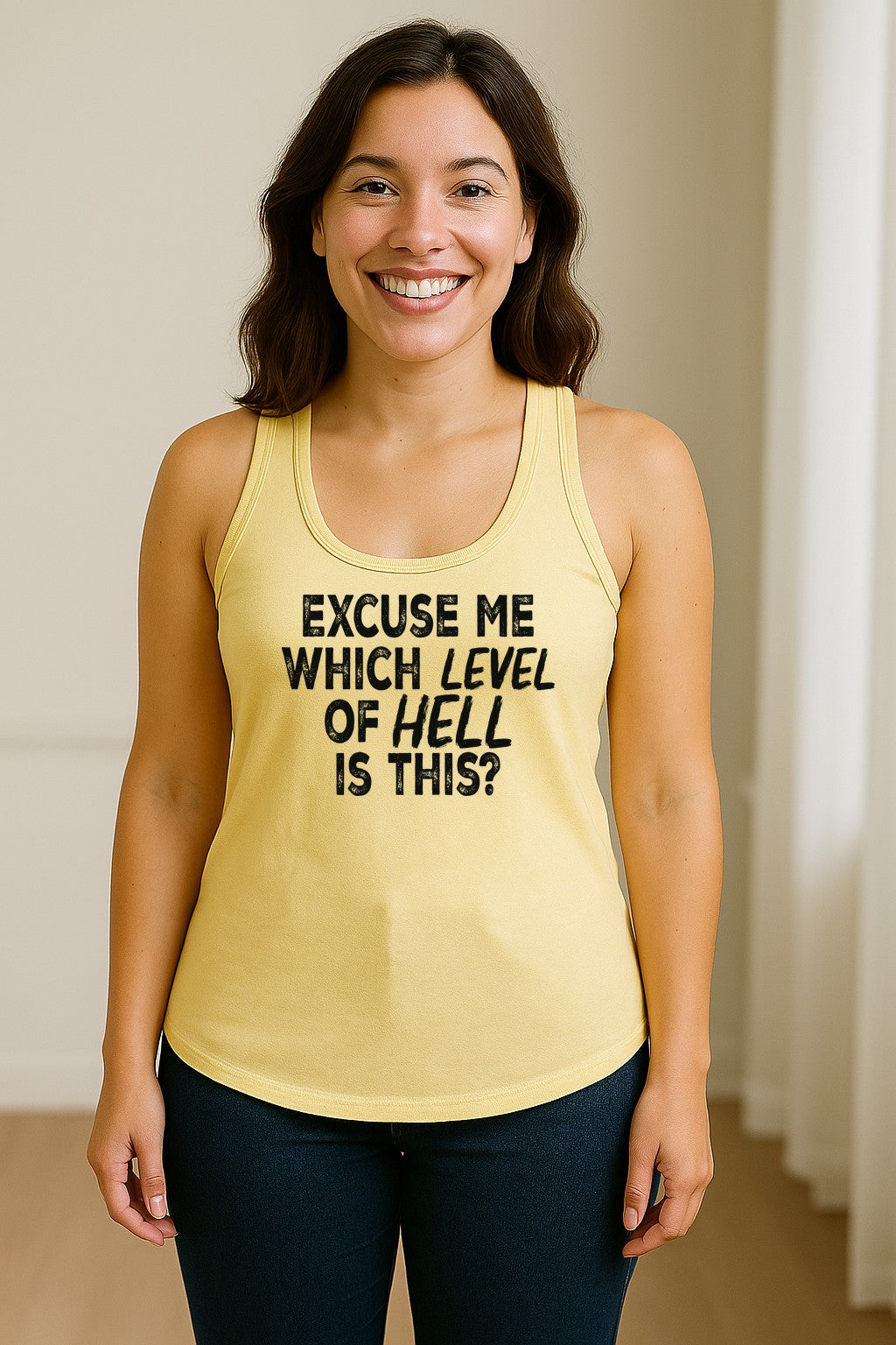 Funny Workout Women's Racerback Tank Top, Excuse Me Which Level Of Hell Is This Gym Shirt