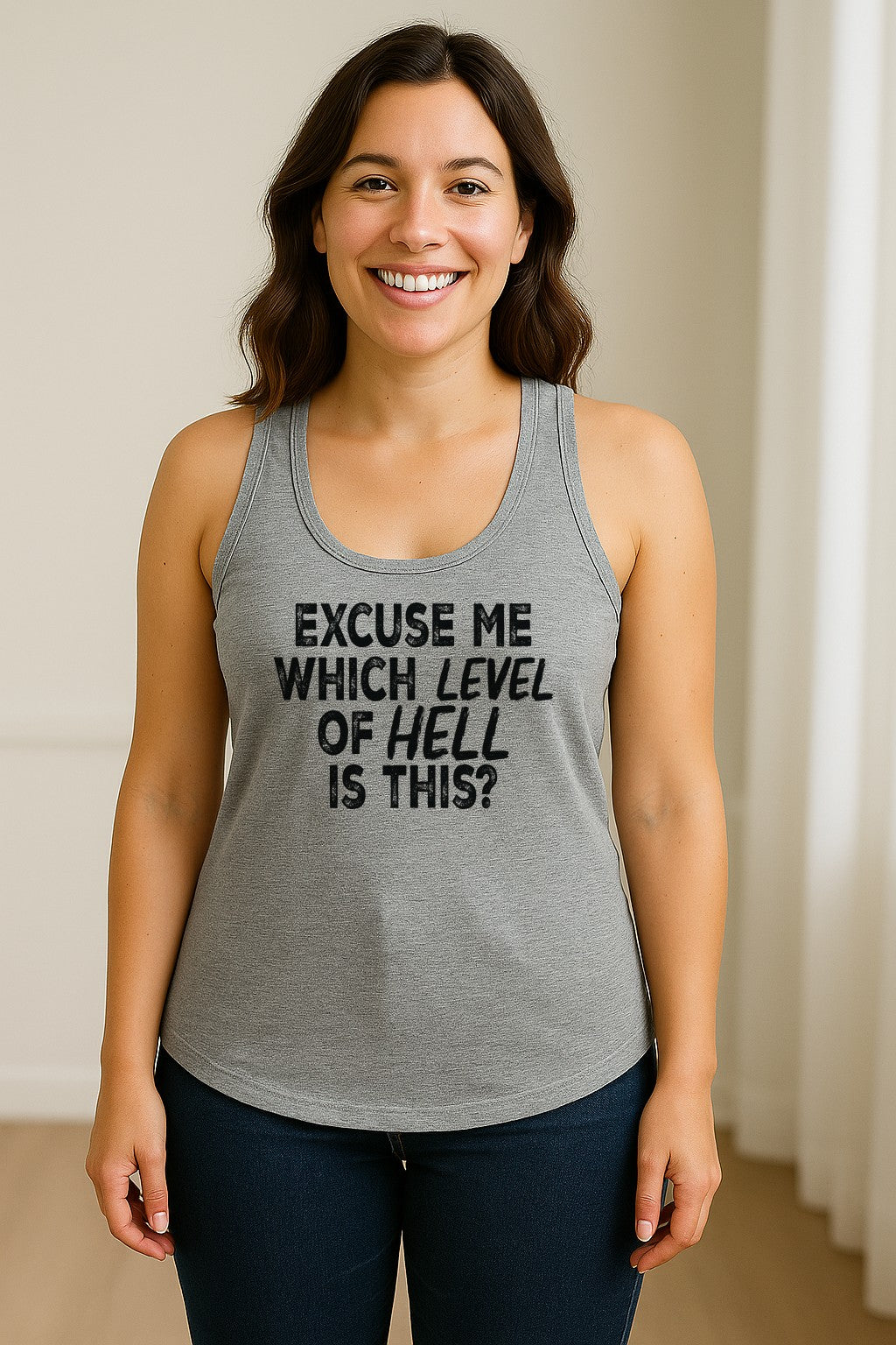 Funny Workout Women's Racerback Tank Top, Excuse Me Which Level Of Hell Is This Gym Shirt