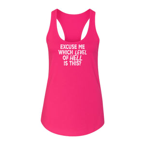 Funny Workout Women's Racerback Tank Top, Excuse Me Which Level Of Hell Is This Gym Shirt