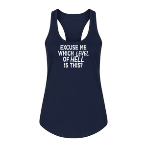 Funny Workout Women's Racerback Tank Top, Excuse Me Which Level Of Hell Is This Gym Shirt