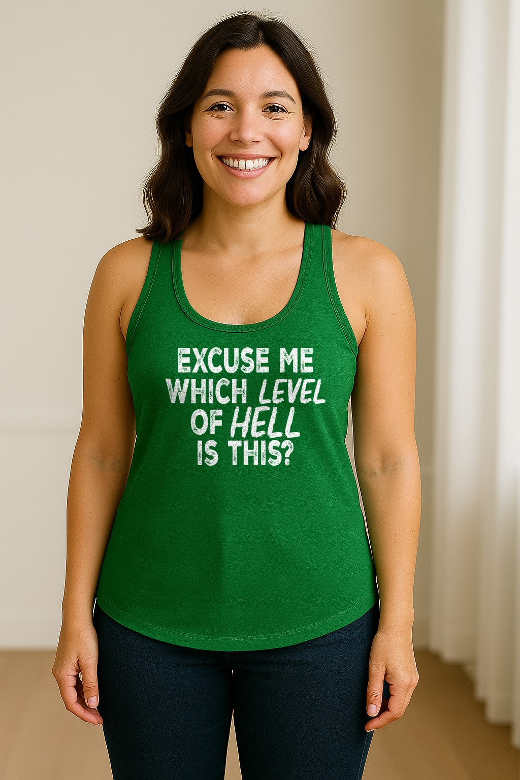 Funny Workout Women's Racerback Tank Top, Excuse Me Which Level Of Hell Is This Gym Shirt