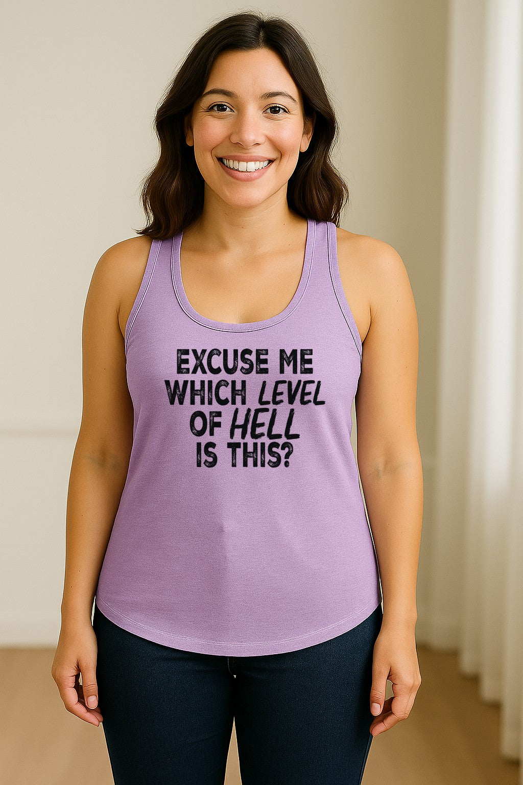 Funny Workout Women's Racerback Tank Top, Excuse Me Which Level Of Hell Is This Gym Shirt