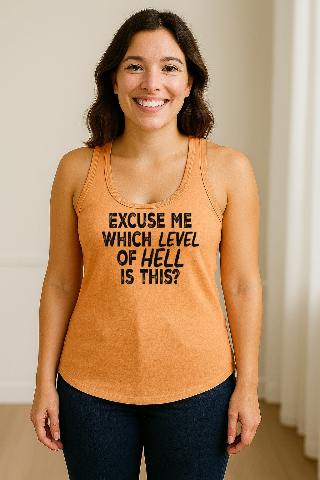 Funny Workout Women's Racerback Tank Top, Excuse Me Which Level Of Hell Is This Gym Shirt
