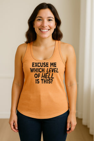 Funny Workout Women's Racerback Tank Top, Excuse Me Which Level Of Hell Is This Gym Shirt