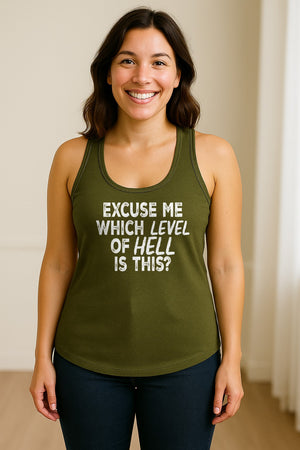 Funny Workout Women's Racerback Tank Top, Excuse Me Which Level Of Hell Is This Gym Shirt